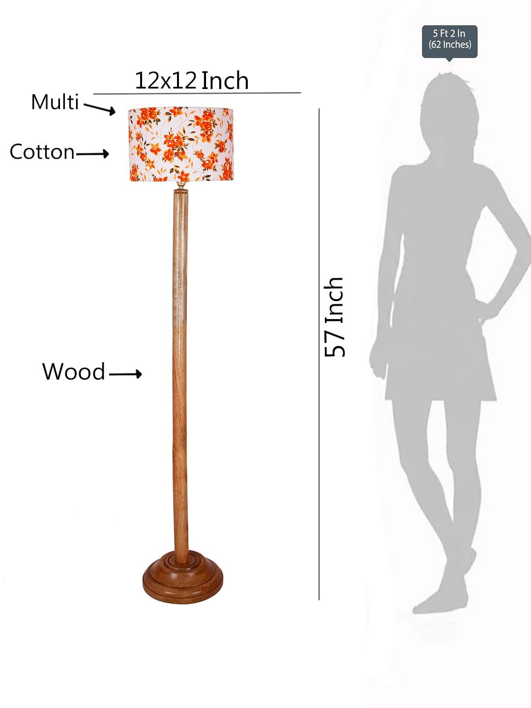 Multicolor Cotton Cotton Drum Shade with Wood Floor lamp for Decoration/Office/Home/Gifting/Study .-(12x12x57 Inches)-B