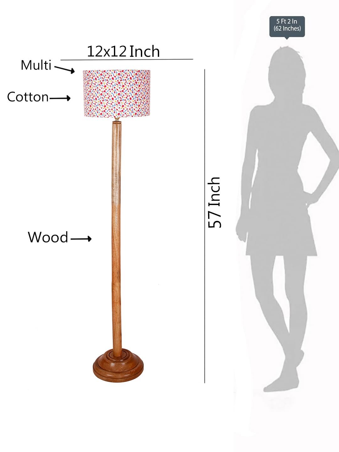 Multicolor Cotton Cotton Drum Shade with Wood Floor lamp for Decoration/Office/Home/Gifting/Study .-(12x12x57 Inches)