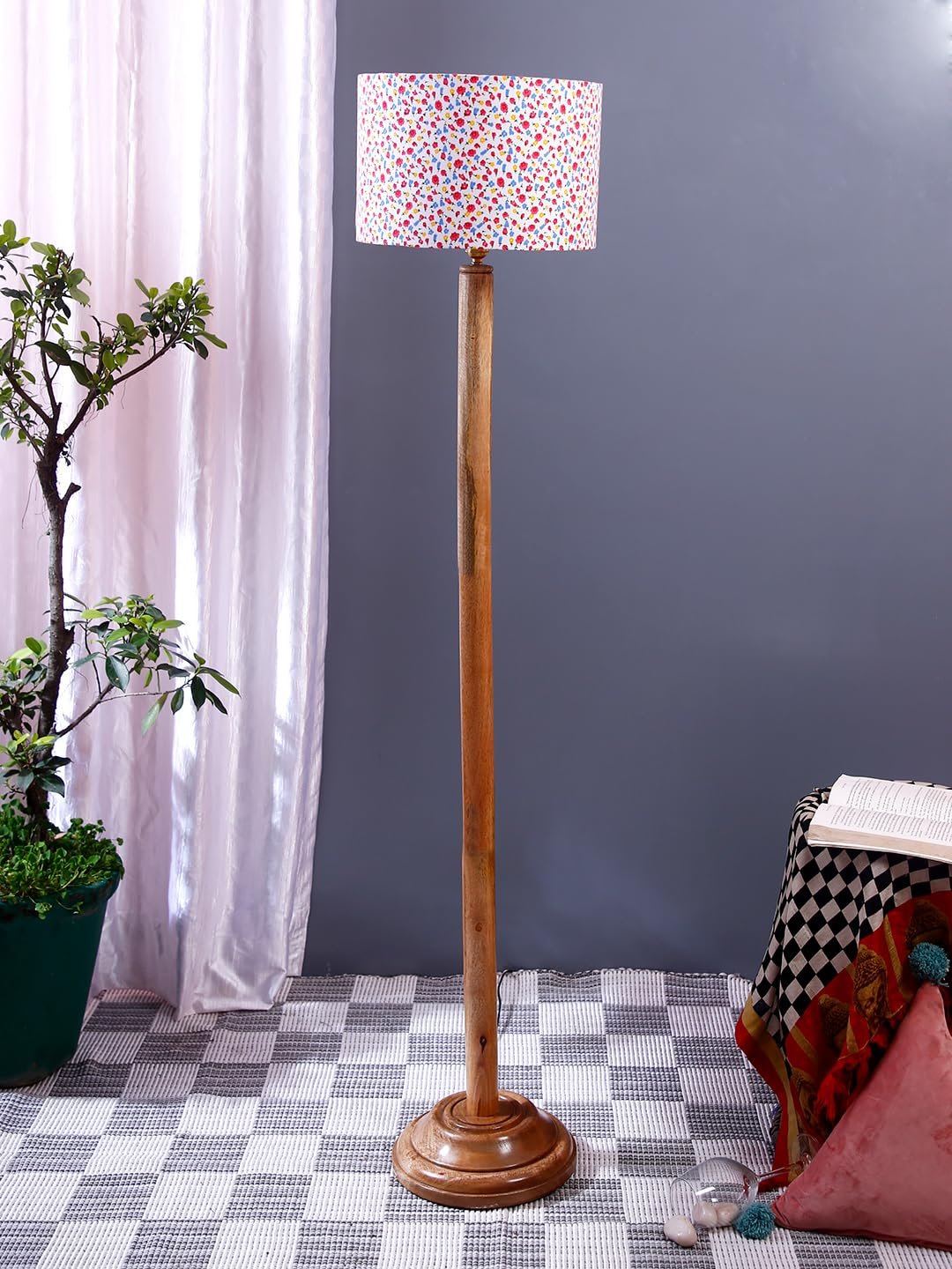 Multicolor Cotton Cotton Drum Shade with Wood Floor lamp for Decoration/Office/Home/Gifting/Study .-(12x12x57 Inches)