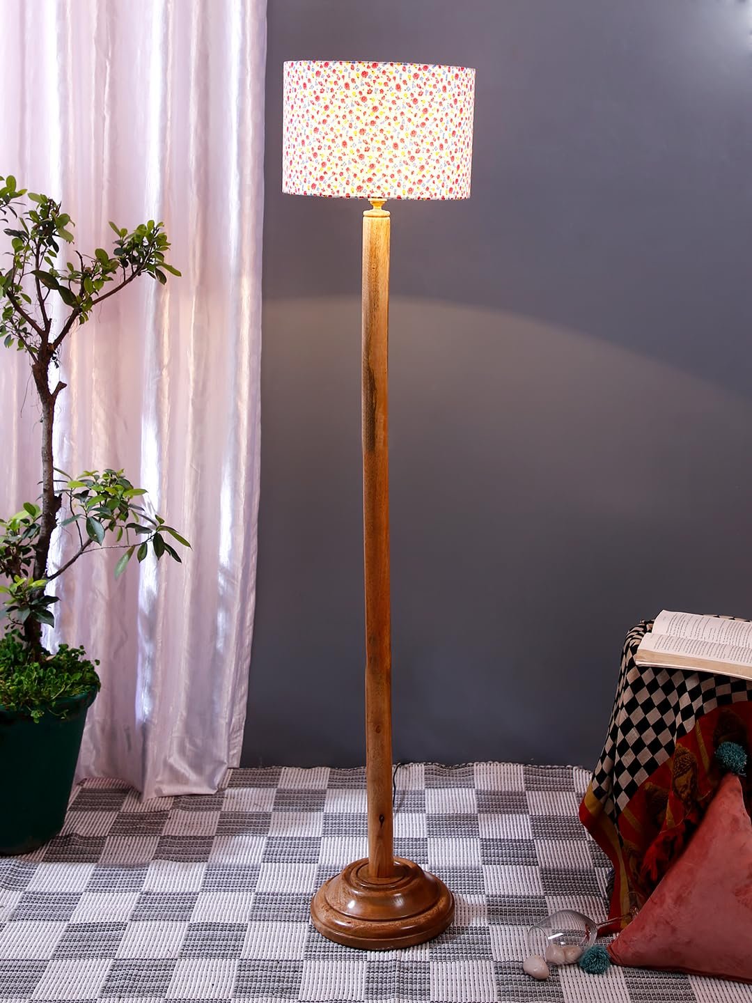 Multicolor Cotton Cotton Drum Shade with Wood Floor lamp for Decoration/Office/Home/Gifting/Study .-(12x12x57 Inches)