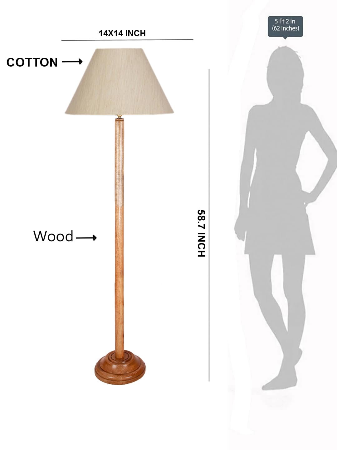Off-White Cotton Conical Shade with Wood Floor lamp for Decoration/Office/Home/Gifting/Study .-(14x14x58.7 Inches)
