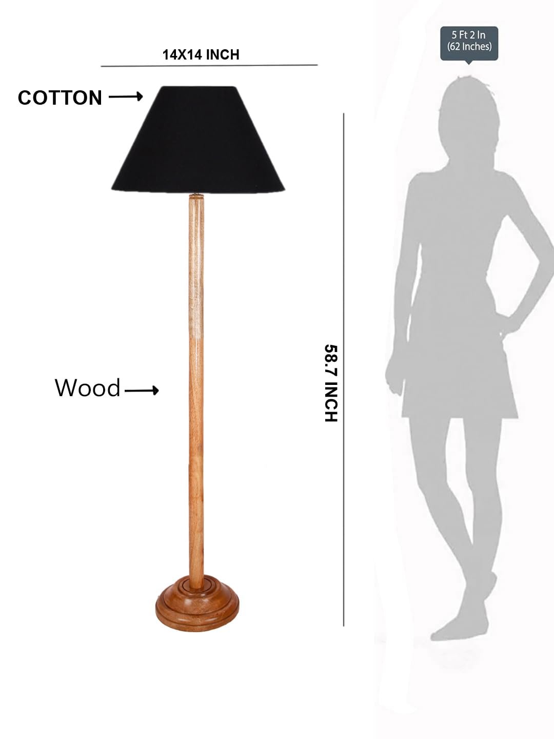 Black Cotton Conical Shade with Wood Floor lamp for Decoration/Office/Home/Gifting/Study .-(14x14x58.7 Inches)