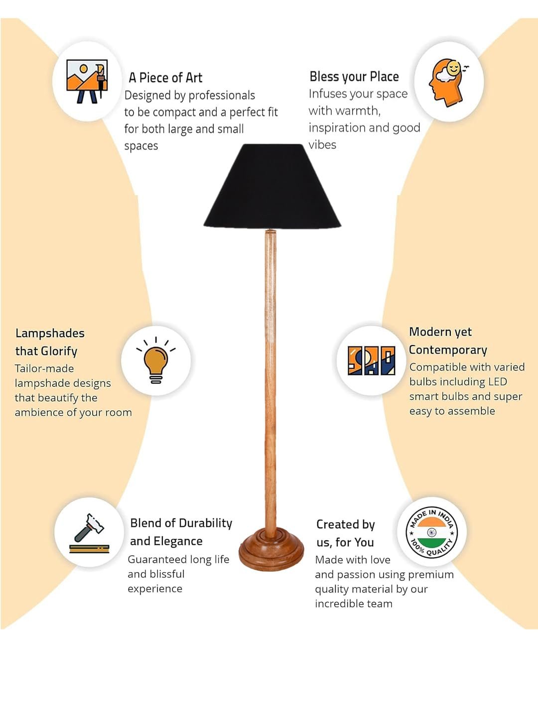Black Cotton Conical Shade with Wood Floor lamp for Decoration/Office/Home/Gifting/Study .-(14x14x58.7 Inches)
