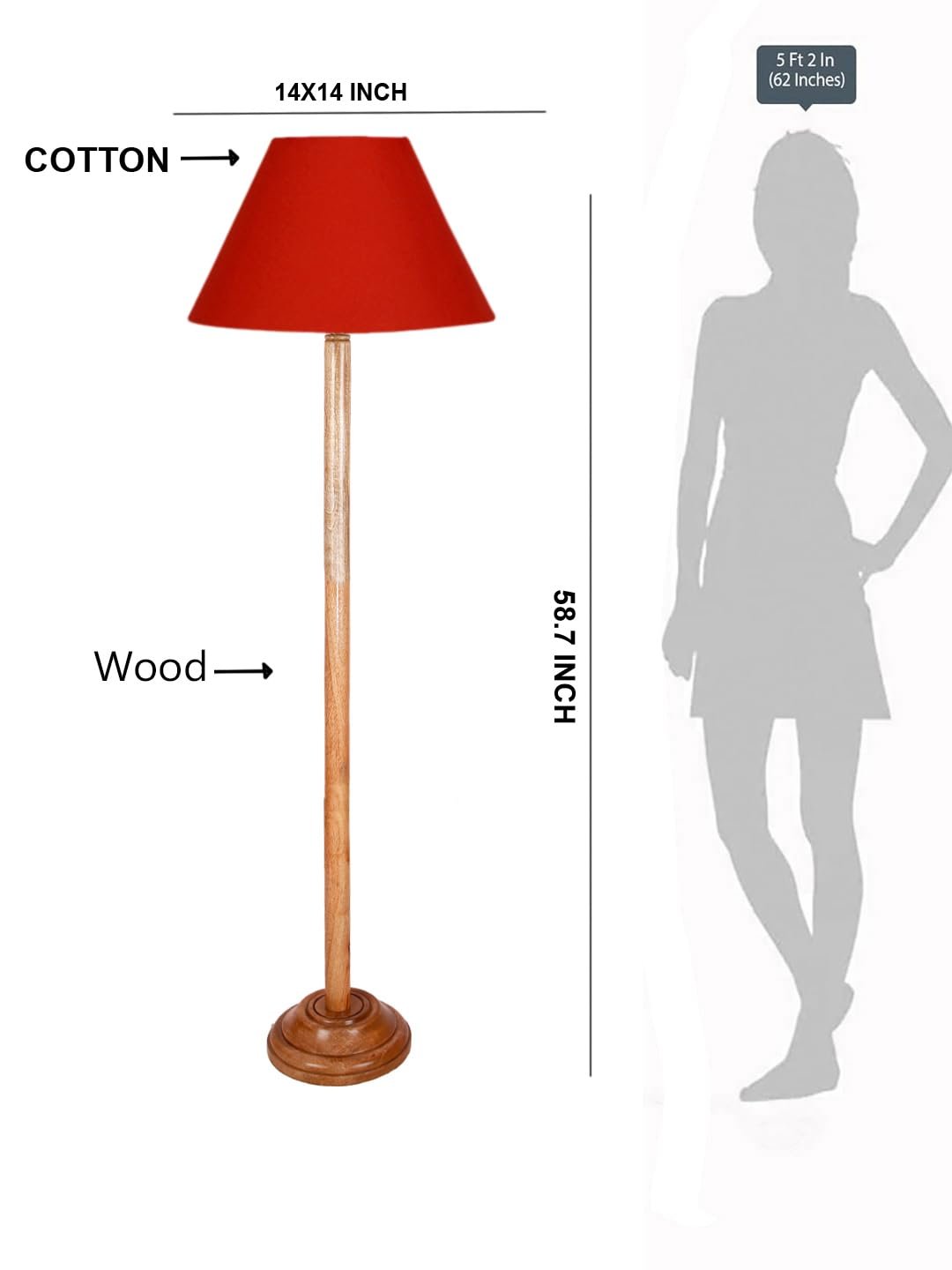 Orange Cotton Conical Shade with Wood Floor lamp for Decoration/Office/Home/Gifting/Study .-(14x14x58.7 Inches)