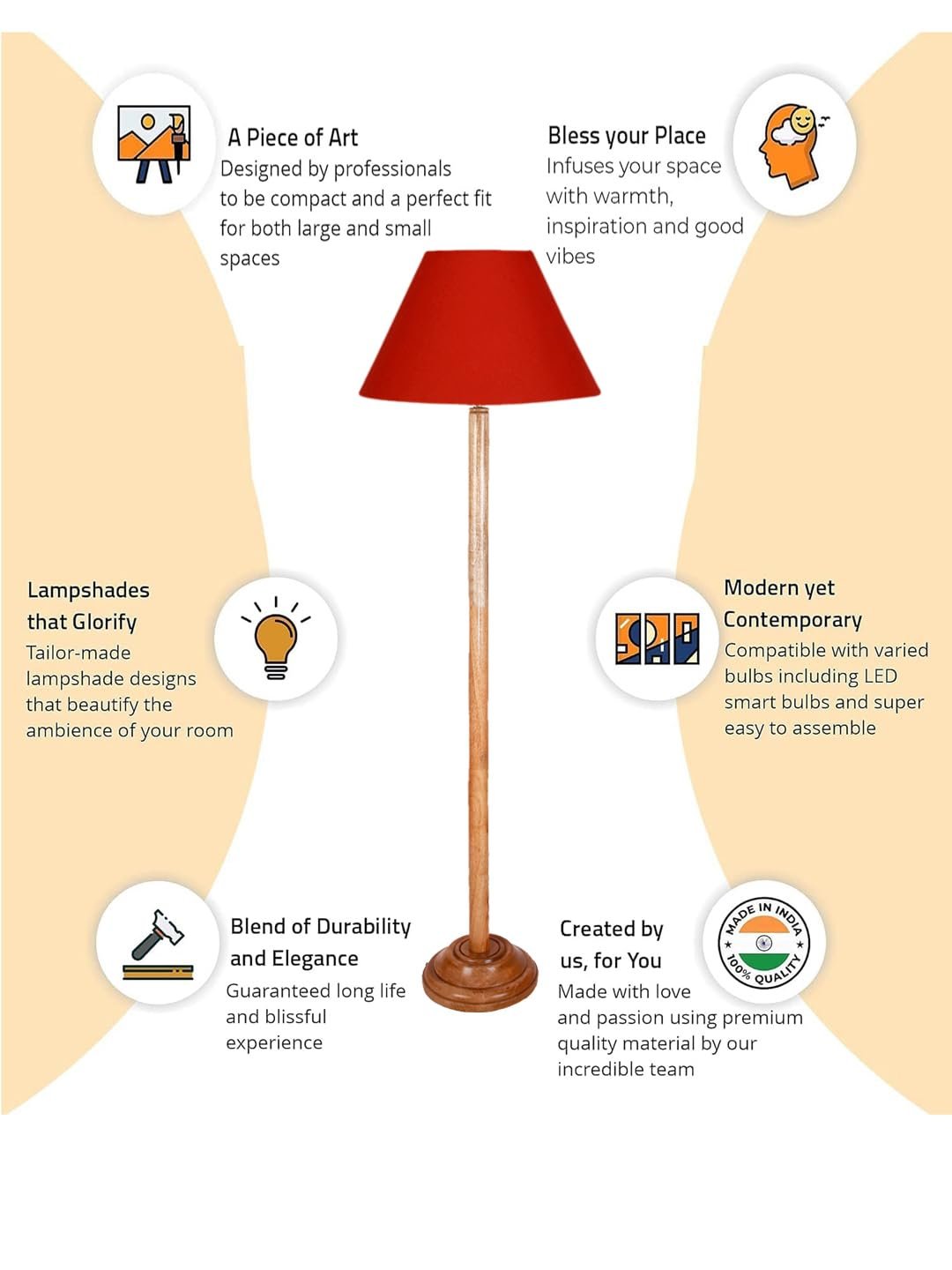 Orange Cotton Conical Shade with Wood Floor lamp for Decoration/Office/Home/Gifting/Study .-(14x14x58.7 Inches)