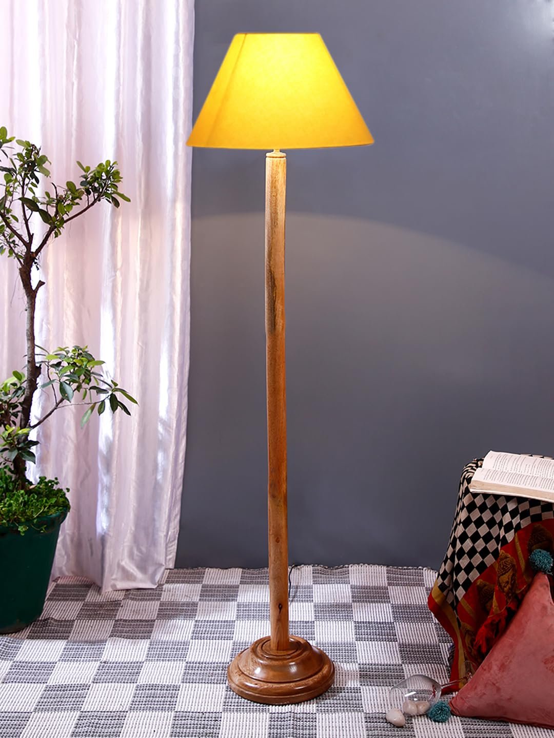 Yellow Cotton Conical Shade with Wood Floor lamp for Decoration/Office/Home/Gifting/Study .-(14x14x58.7 Inches)