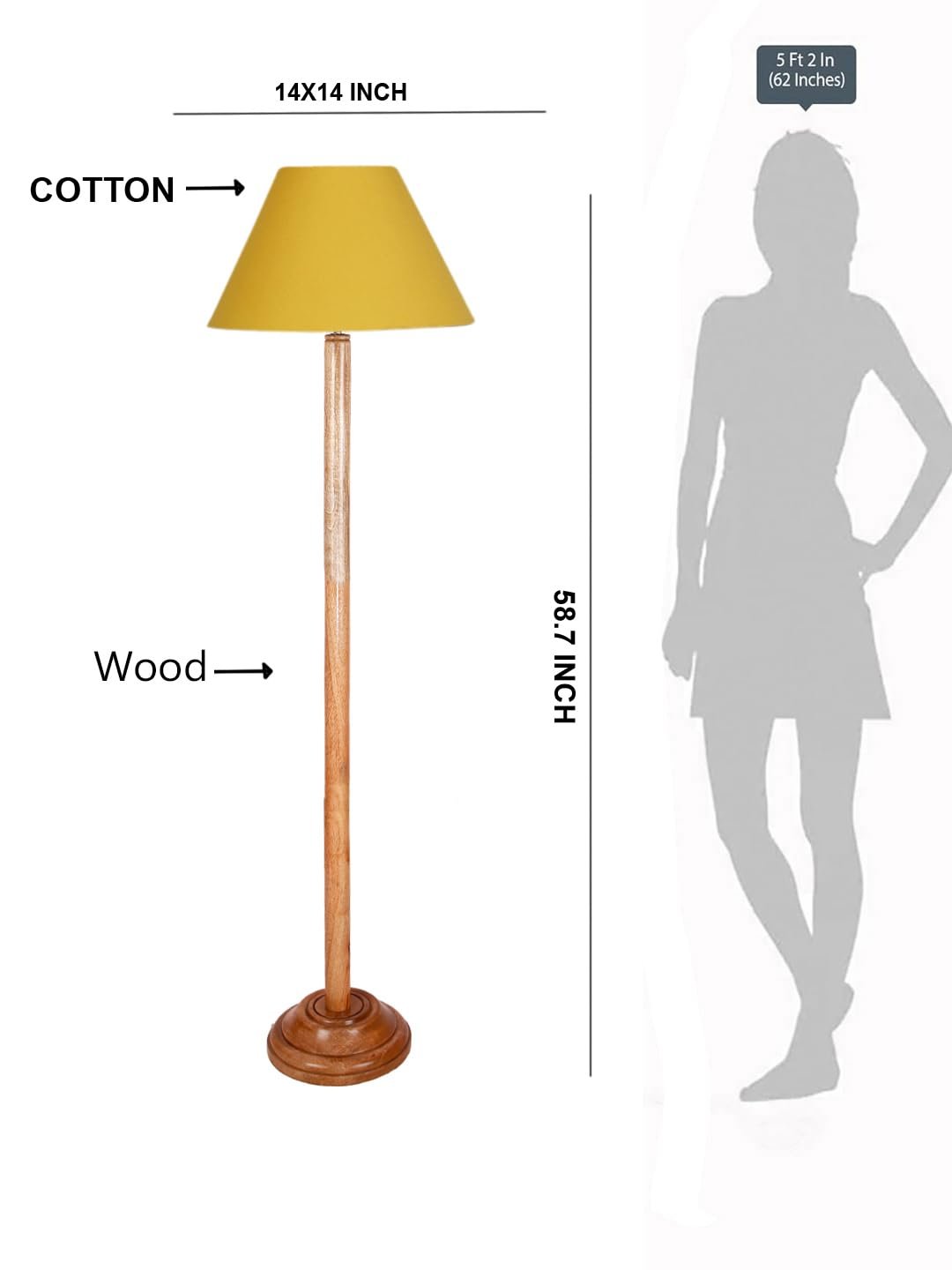 Yellow Cotton Conical Shade with Wood Floor lamp for Decoration/Office/Home/Gifting/Study .-(14x14x58.7 Inches)
