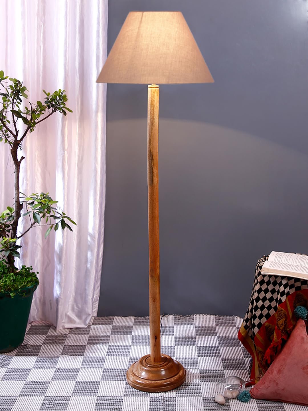 Grey Cotton Conical Shade with Wood Floor lamp for Decoration/Office/Home/Gifting/Study .-(14x14x58.7 Inches)