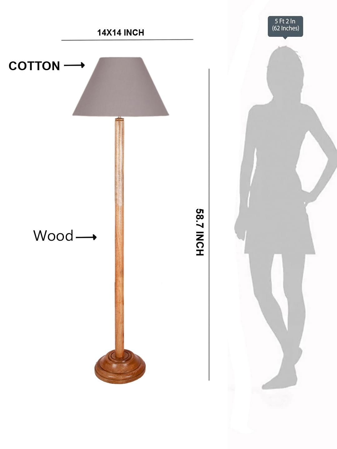Grey Cotton Conical Shade with Wood Floor lamp for Decoration/Office/Home/Gifting/Study .-(14x14x58.7 Inches)