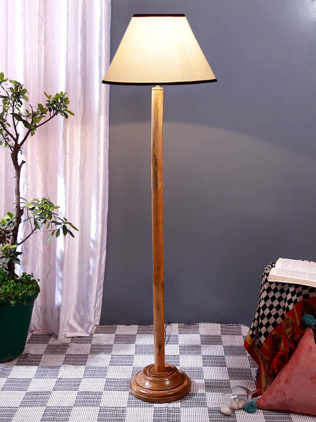 White & Black Cotton Conical Shade with Wood Floor lamp for Decoration/Office/Home/Gifting/Study .-(14x14x58.7 Inches)