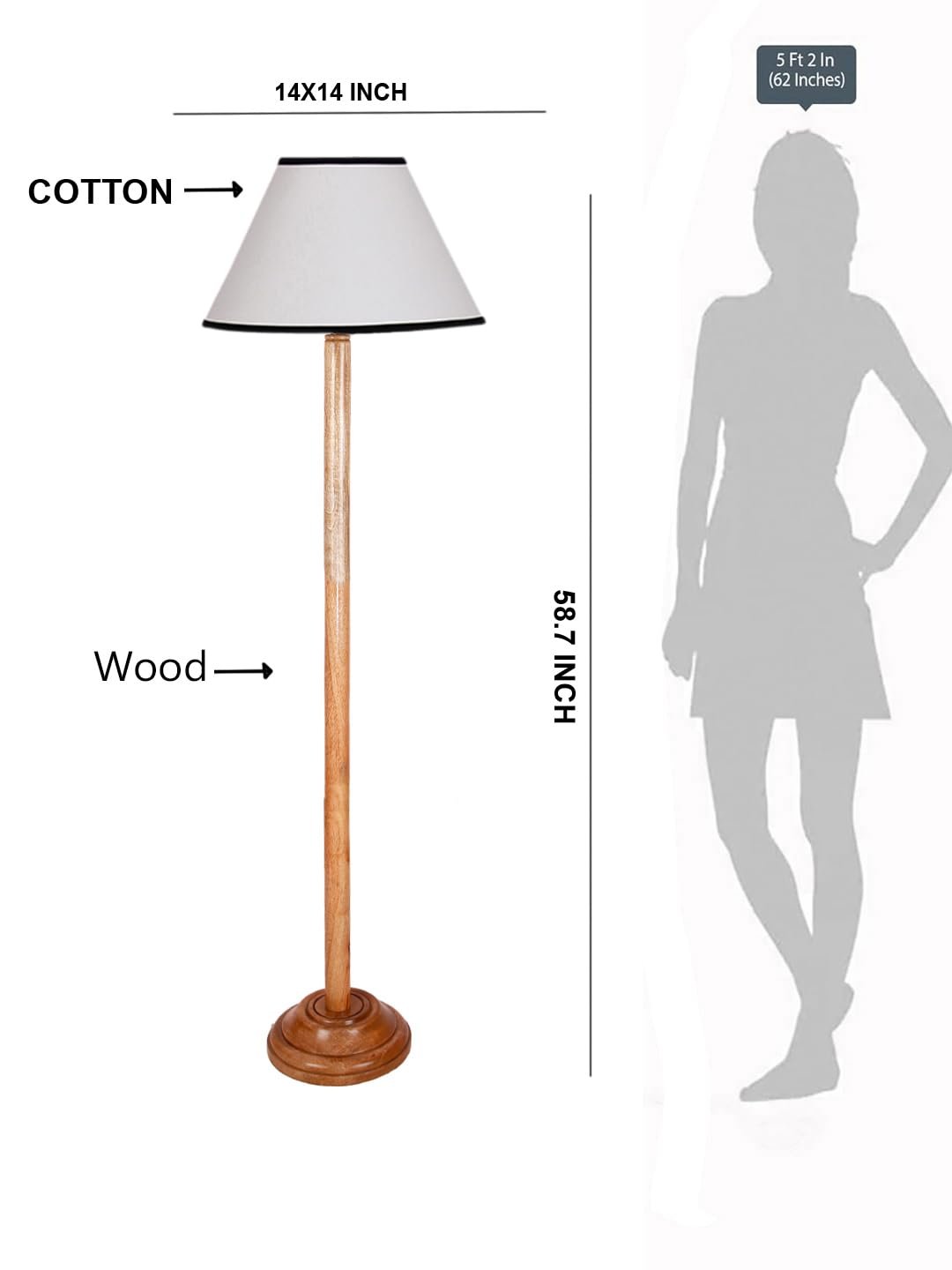 White & Black Cotton Conical Shade with Wood Floor lamp for Decoration/Office/Home/Gifting/Study .-(14x14x58.7 Inches)