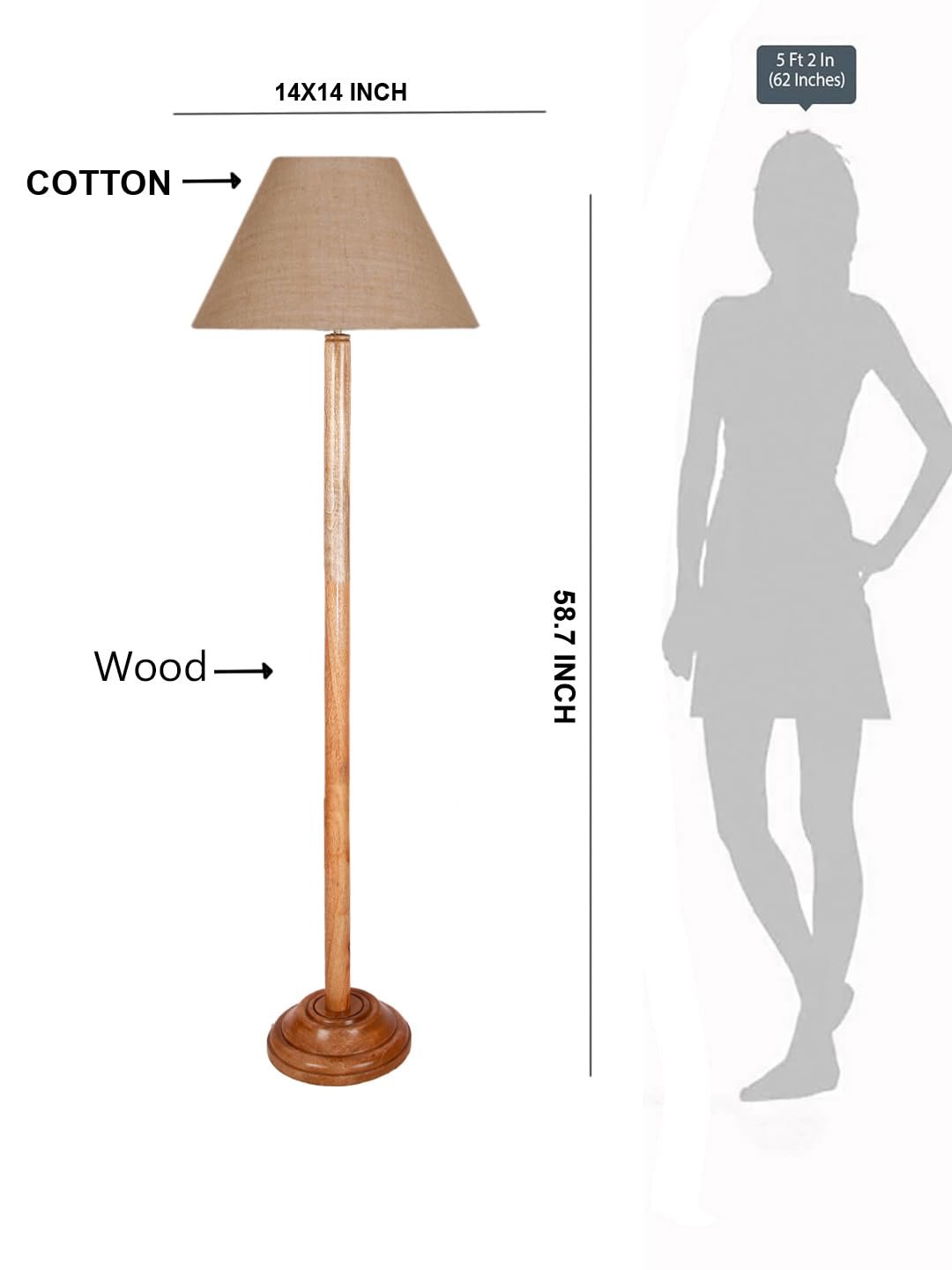 Beige Jute Conical Shade with Wood Floor lamp for Decoration/Office/Home/Gifting/Study .-(14x14x58.7 Inches)