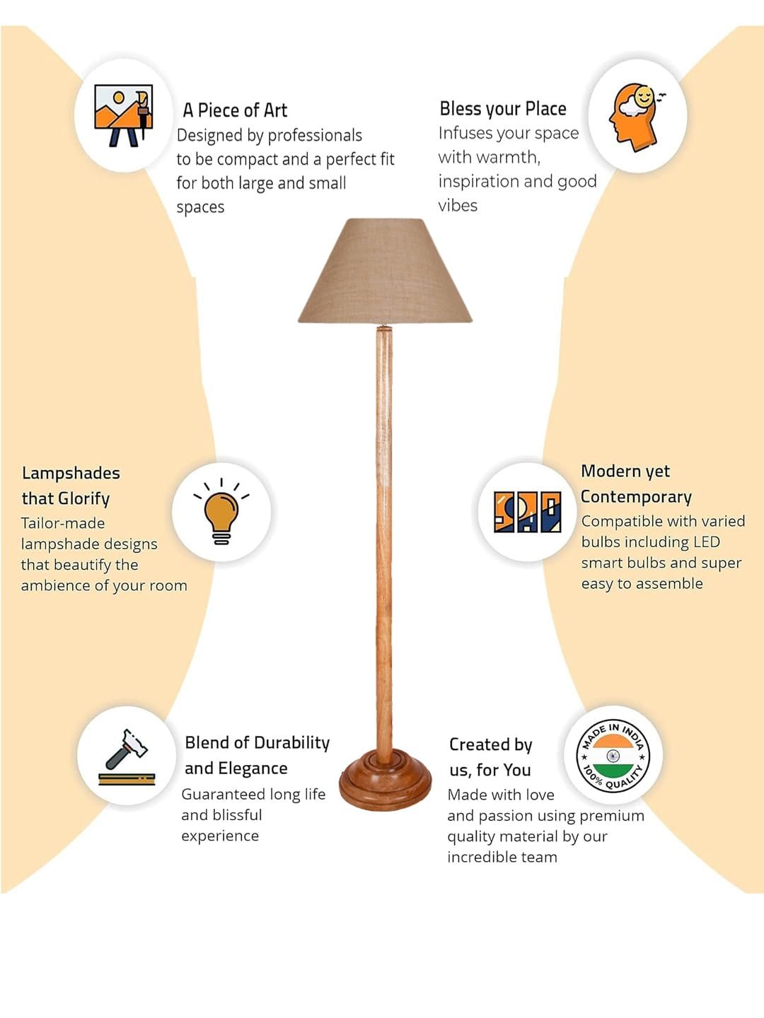 Beige Jute Conical Shade with Wood Floor lamp for Decoration/Office/Home/Gifting/Study .-(14x14x58.7 Inches)