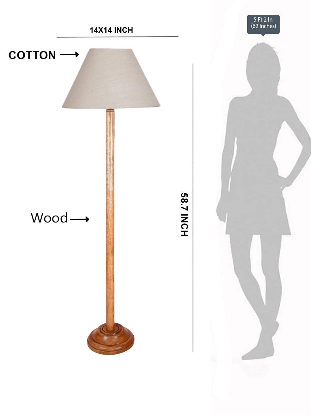 White Jute Conical Shade with Wood Floor lamp for Decoration/Office/Home/Gifting/Study .-(14x14x58.7 Inches)