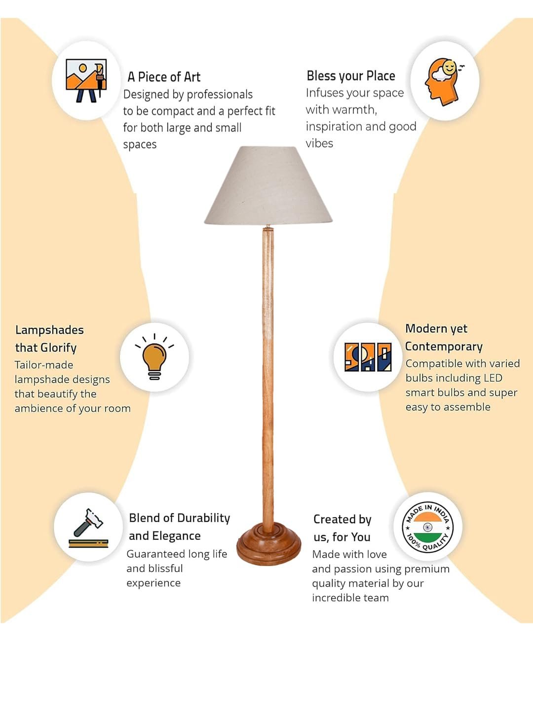 White Jute Conical Shade with Wood Floor lamp for Decoration/Office/Home/Gifting/Study .-(14x14x58.7 Inches)