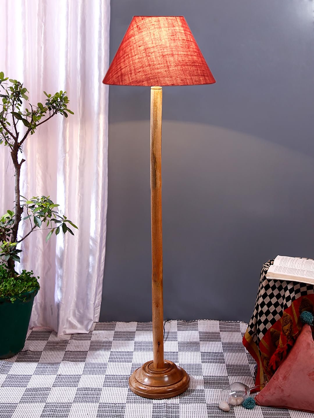 Pink Jute Conical Shade with Wood Floor lamp for Decoration/Office/Home/Gifting/Study .-(14x14x58.7 Inches)