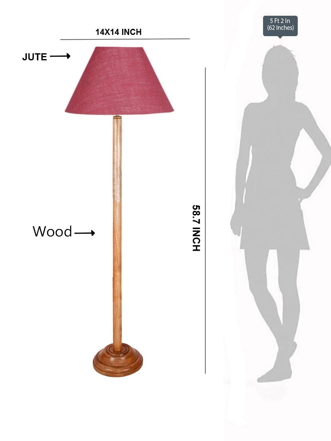 Pink Jute Conical Shade with Wood Floor lamp for Decoration/Office/Home/Gifting/Study .-(14x14x58.7 Inches)