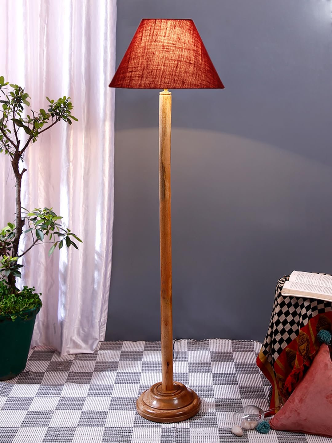 Maroon Jute Conical Shade with Wood Floor lamp for Decoration/Office/Home/Gifting/Study .-(14x14x58.7 Inches)