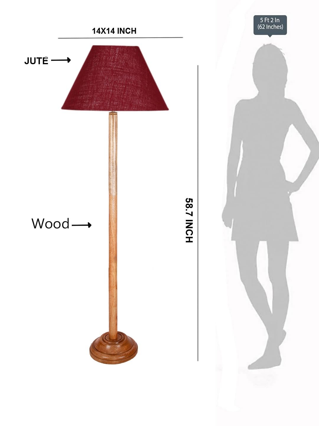 Maroon Jute Conical Shade with Wood Floor lamp for Decoration/Office/Home/Gifting/Study .-(14x14x58.7 Inches)