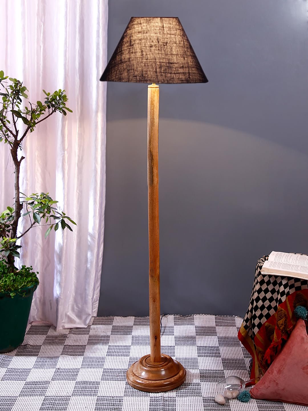 Blue Jute Conical Shade with Wood Floor lamp for Decoration/Office/Home/Gifting/Study .-(14x14x58.7 Inches)