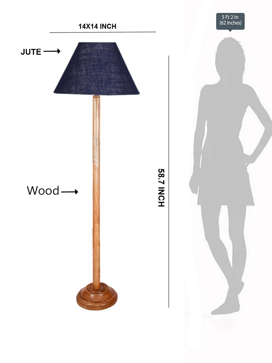 Blue Jute Conical Shade with Wood Floor lamp for Decoration/Office/Home/Gifting/Study .-(14x14x58.7 Inches)