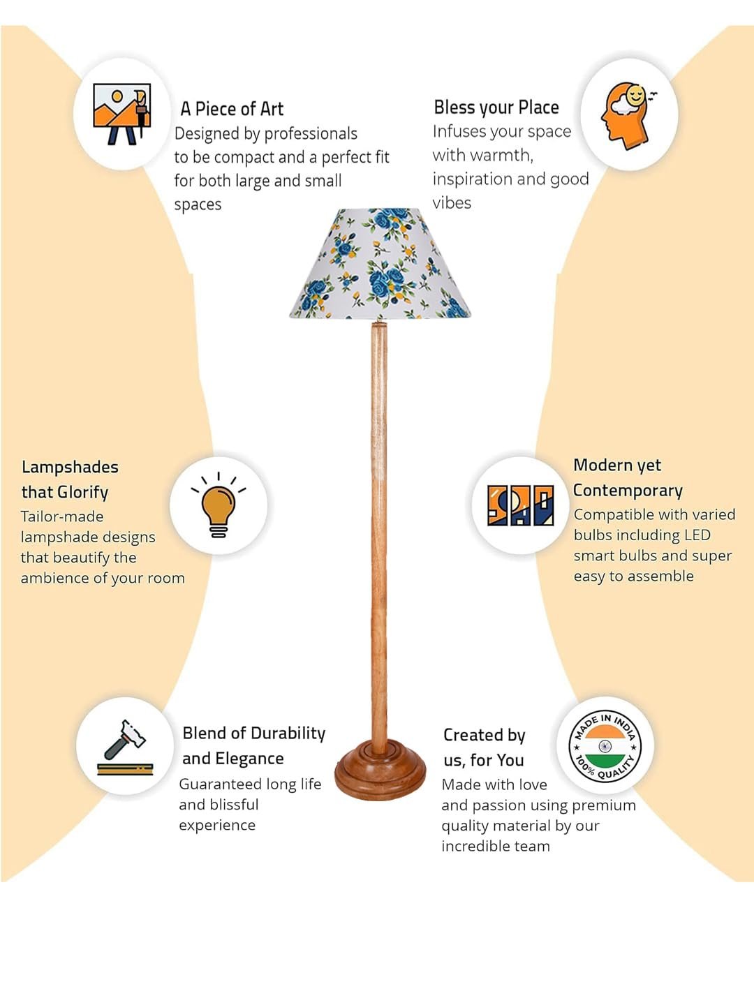 Multicolor Cotton Cotton Conical Shade with Wood Floor lamp for Decoration/Office/Home/Gifting/Study .-(14x14x58.7 Inches)-C