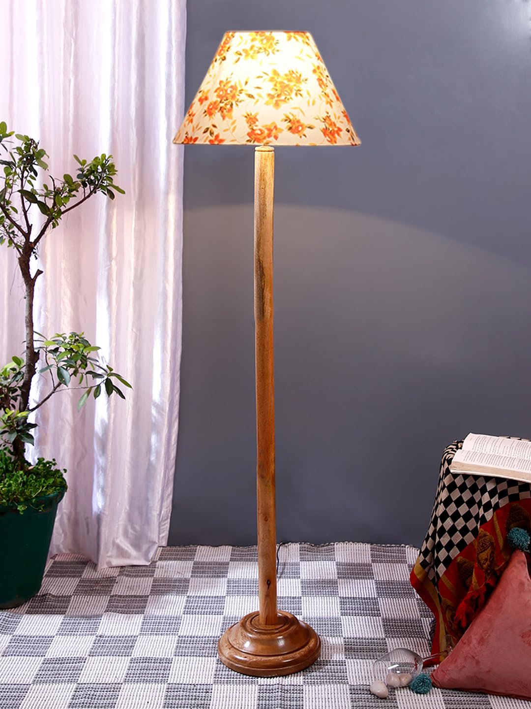 Multicolor Cotton Cotton Conical Shade with Wood Floor lamp for Decoration/Office/Home/Gifting/Study .-(14x14x58.7 Inches)-D