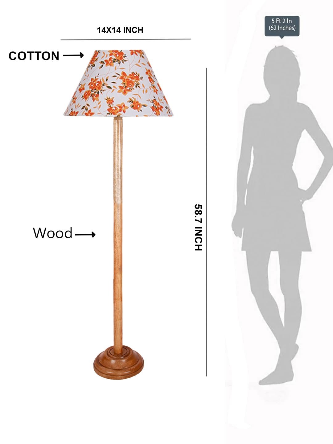 Multicolor Cotton Cotton Conical Shade with Wood Floor lamp for Decoration/Office/Home/Gifting/Study .-(14x14x58.7 Inches)-D