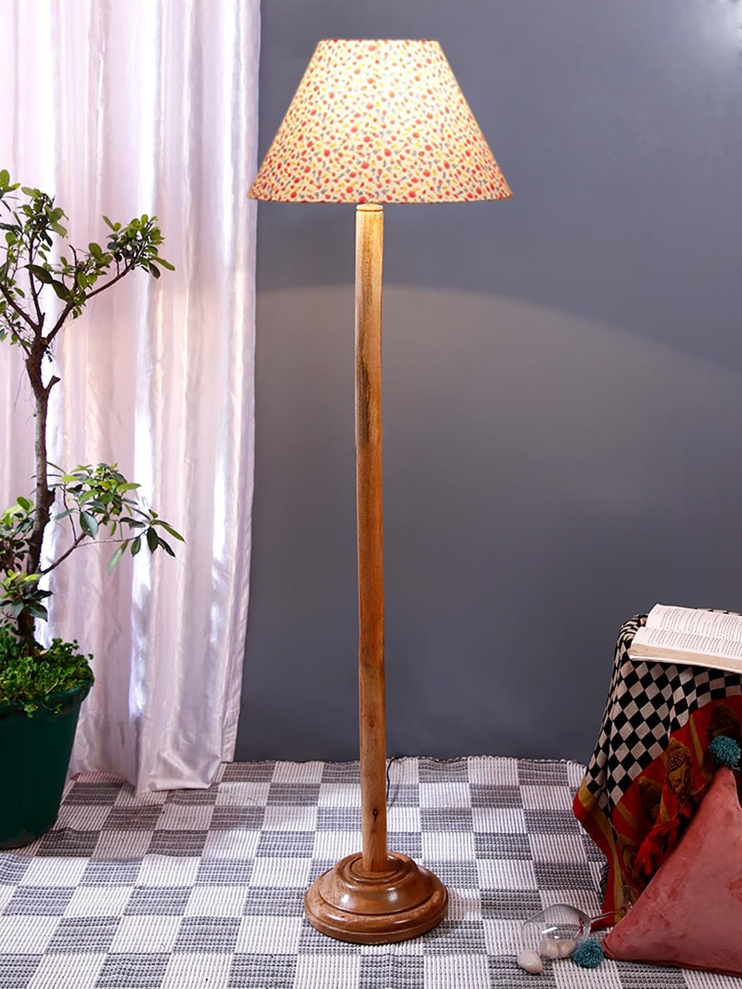 Multicolor Cotton Cotton Conical Shade with Wood Floor lamp for Decoration/Office/Home/Gifting/Study .-(14x14x58.7 Inches)-L