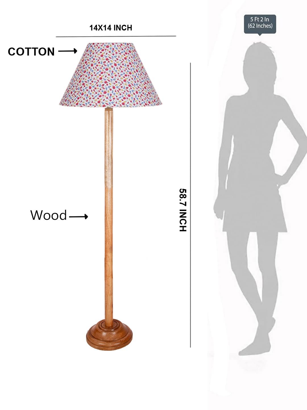 Multicolor Cotton Cotton Conical Shade with Wood Floor lamp for Decoration/Office/Home/Gifting/Study .-(14x14x58.7 Inches)-L