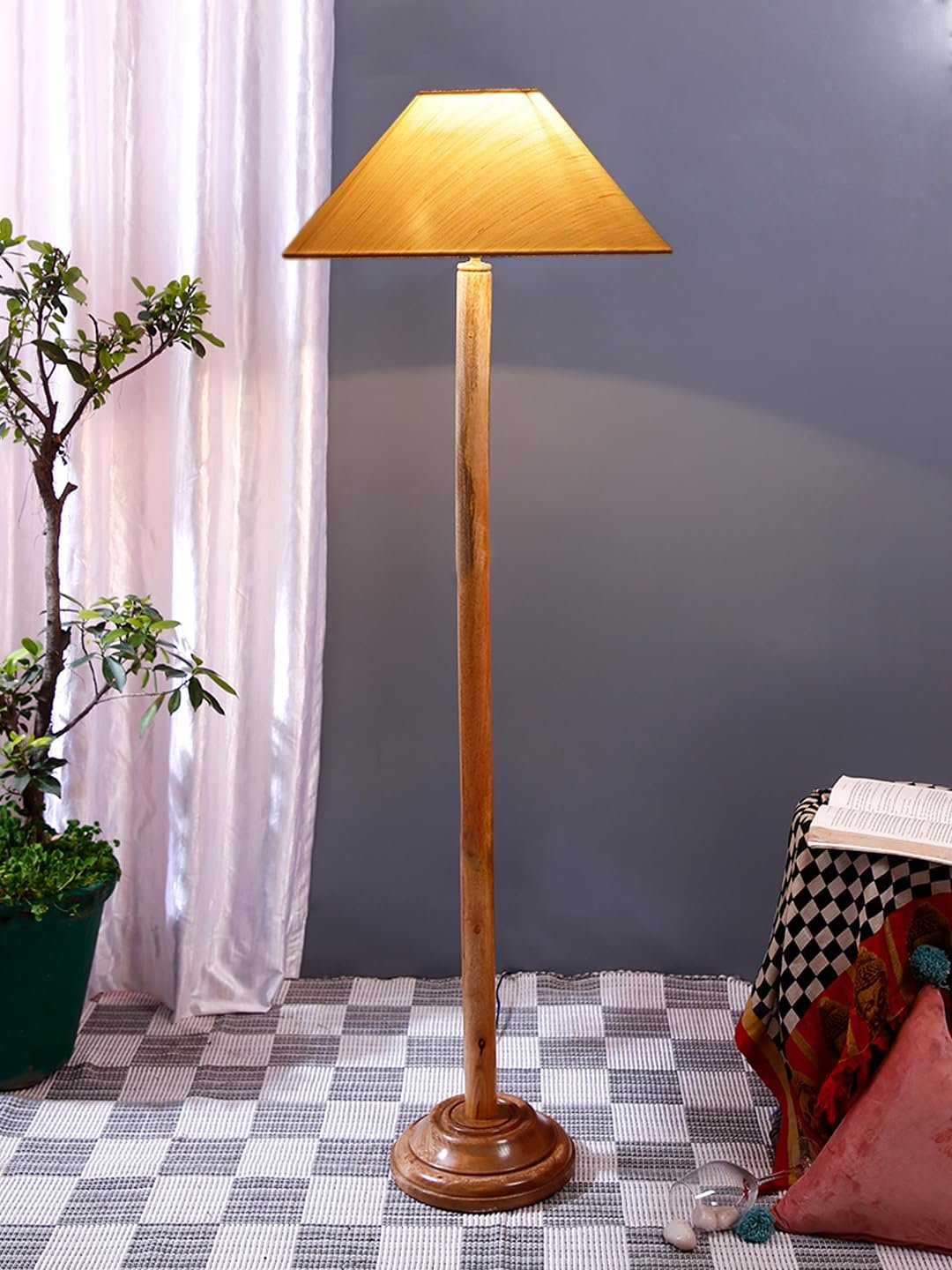 Off-White Cotton Coolie Shade with Wood Floor lamp for Decoration/Office/Home/Gifting/Study .-(13x13x55.7 Inches)