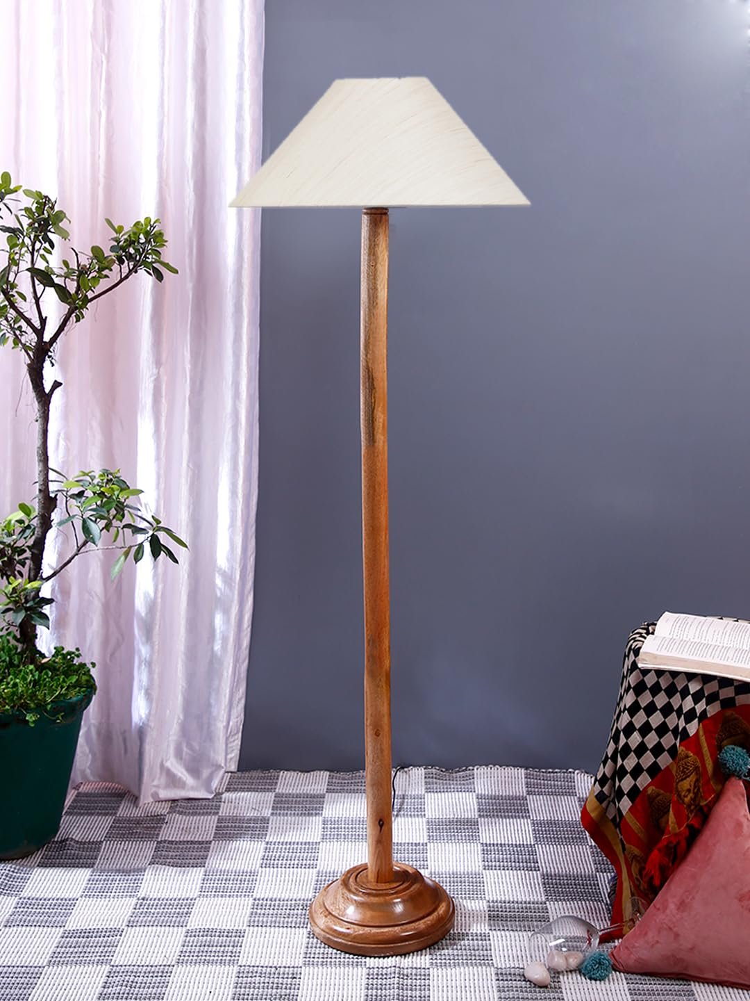Off-White Cotton Coolie Shade with Wood Floor lamp for Decoration/Office/Home/Gifting/Study .-(13x13x55.7 Inches)