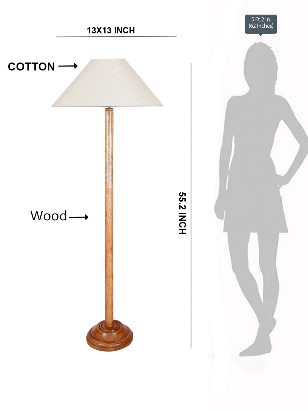 Off-White Cotton Coolie Shade with Wood Floor lamp for Decoration/Office/Home/Gifting/Study .-(13x13x55.7 Inches)