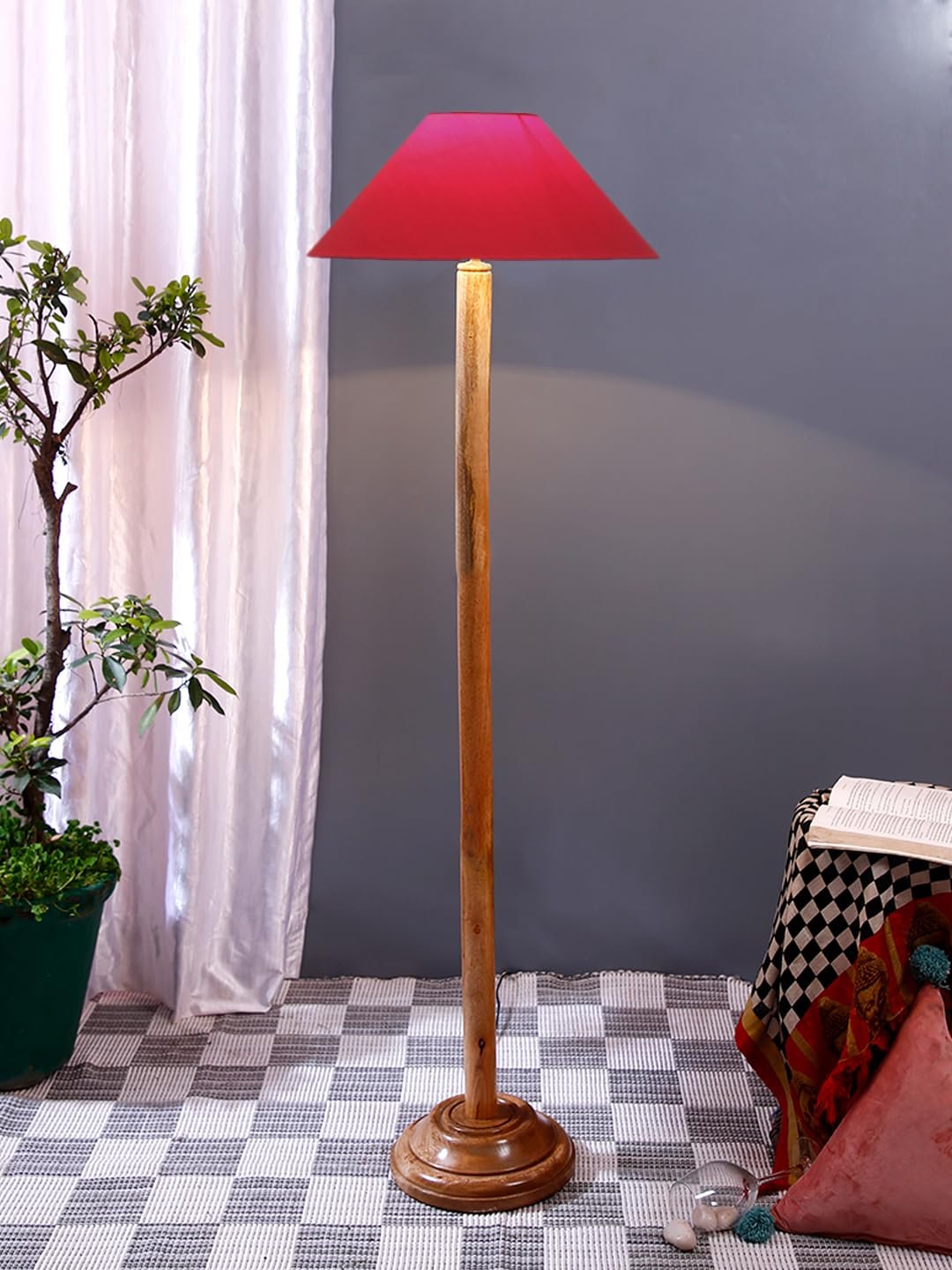 Red Cotton Coolie Shade Wood Floor lamp for Decoration/Office/Home/Gifting/Study .(Pink,Jute) 32