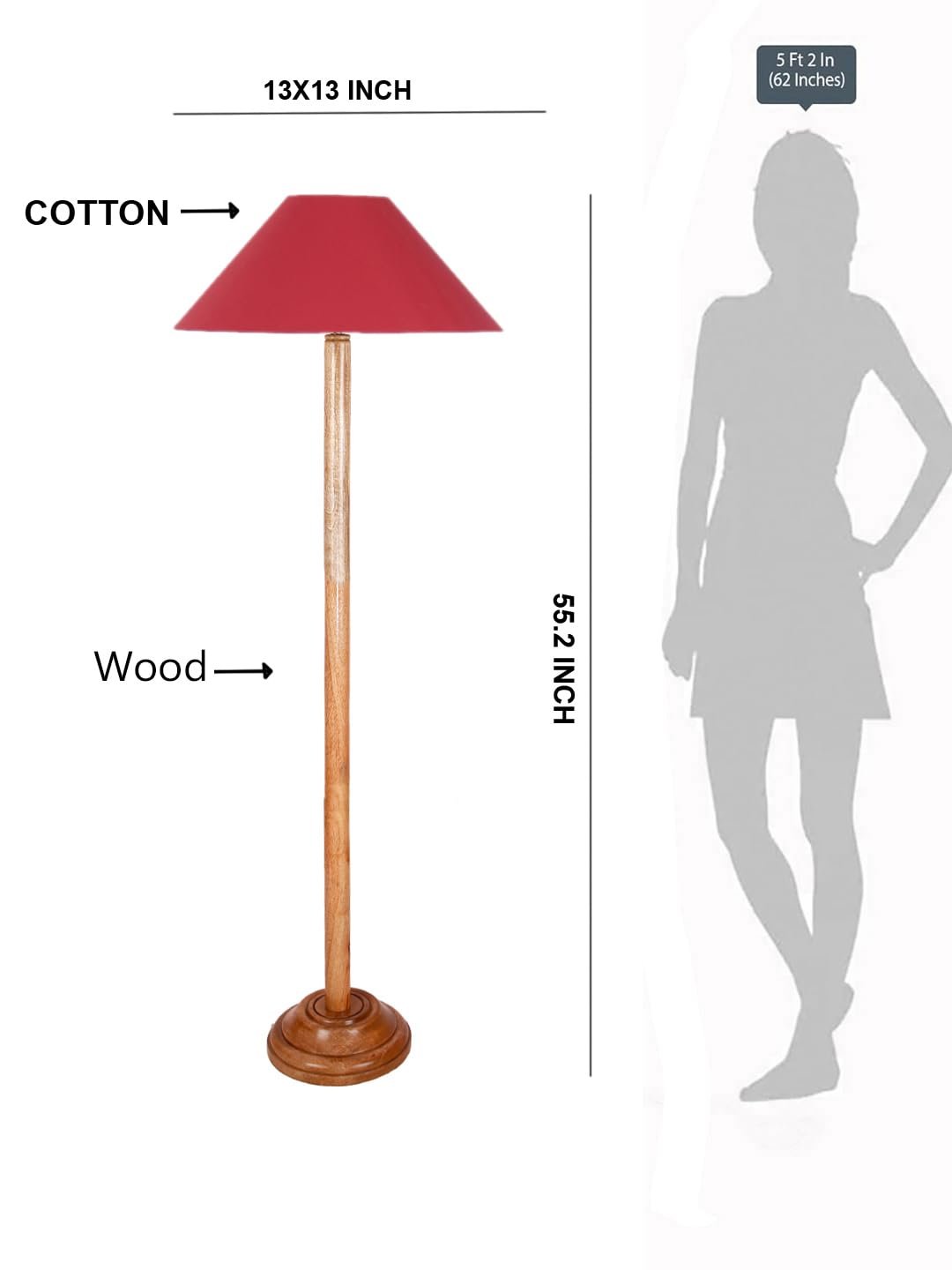 Red Cotton Coolie Shade Wood Floor lamp for Decoration/Office/Home/Gifting/Study .(Pink,Jute) 32