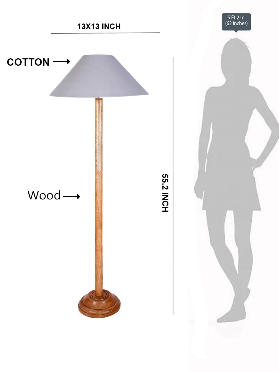 Grey Cotton Coolie Shade Wood Floor lamp for Decoration/Office/Home/Gifting/Study (13x13x55.7 Inches)