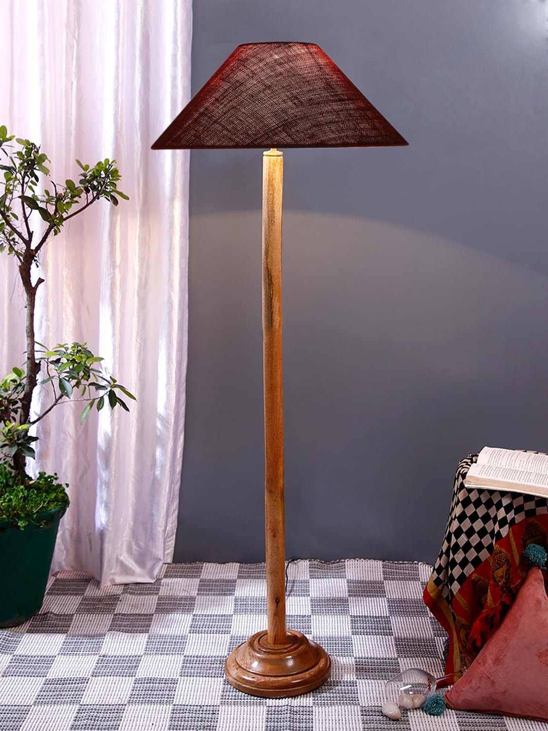 Maroon Jute Coolie Shade Wood Floor lamp for Decoration/Office/Home/Gifting/Study .(13x13x55.7 Inches)