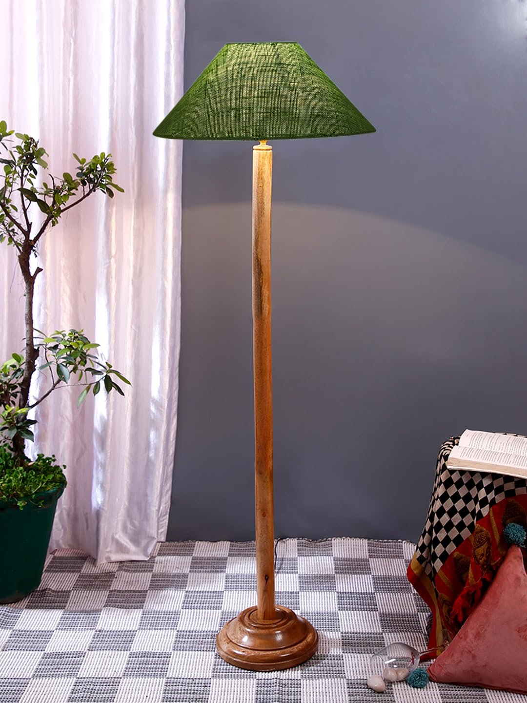 Green Jute Coolie Shade Wood Floor lamp for Decoration/Office/Home/Gifting/Study .(13x13x55.7 Inches)