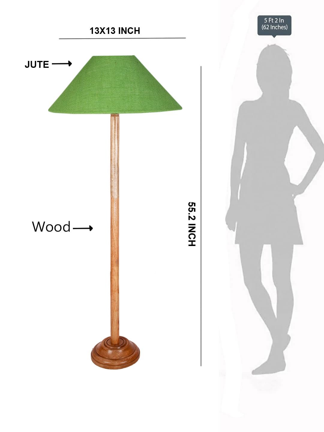 Green Jute Coolie Shade Wood Floor lamp for Decoration/Office/Home/Gifting/Study .(13x13x55.7 Inches)