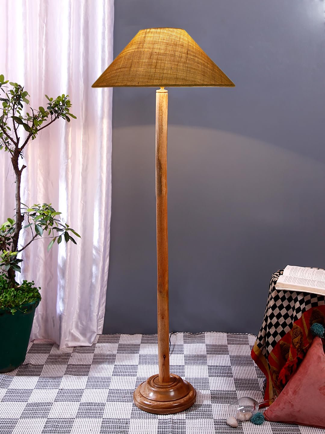 Yellow Jute Coolie Shade Wood Floor lamp for Decoration/Office/Home/Gifting/Study .(13x13x55.7 Inches)