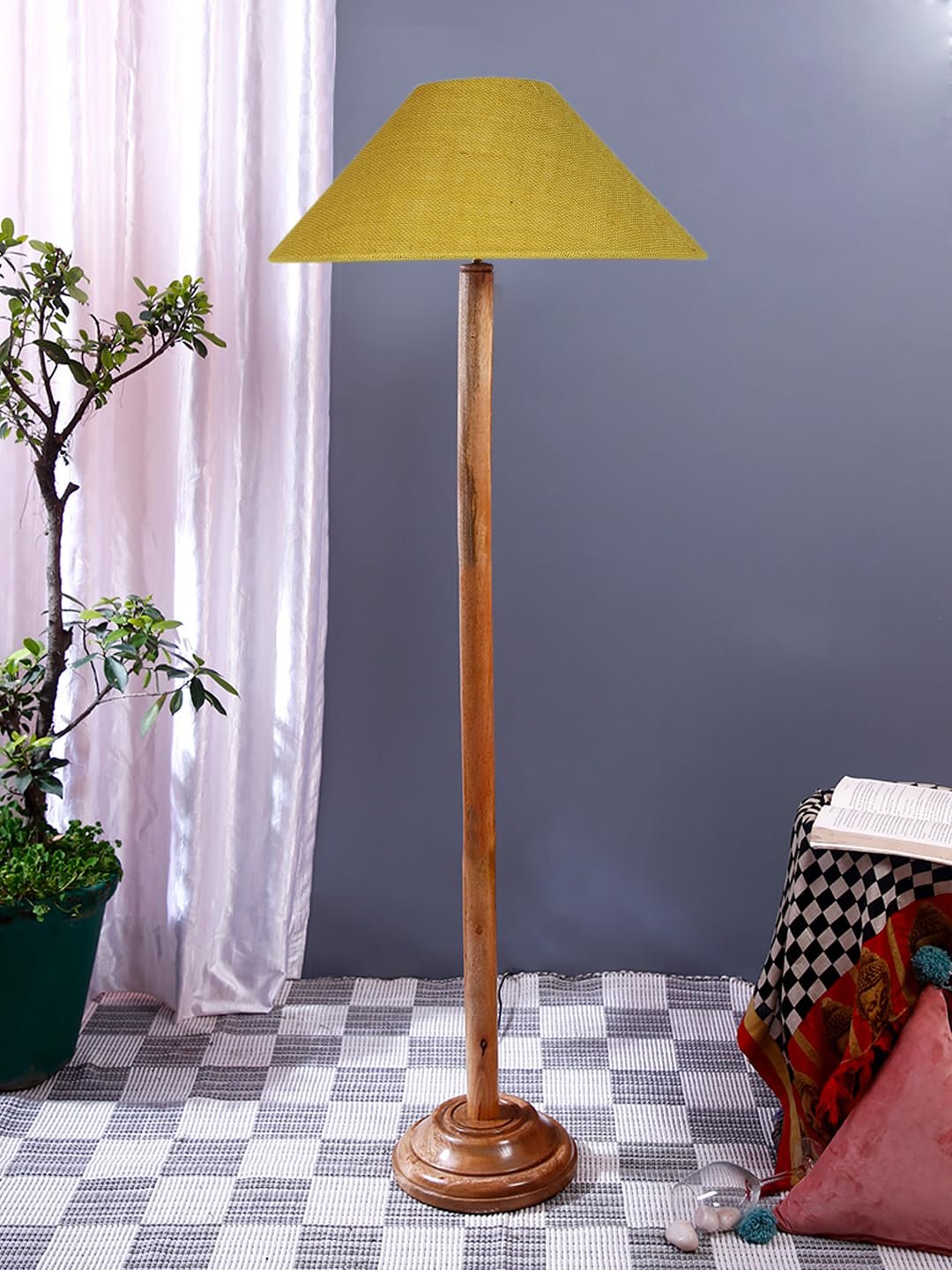 Yellow Jute Coolie Shade Wood Floor lamp for Decoration/Office/Home/Gifting/Study .(13x13x55.7 Inches)