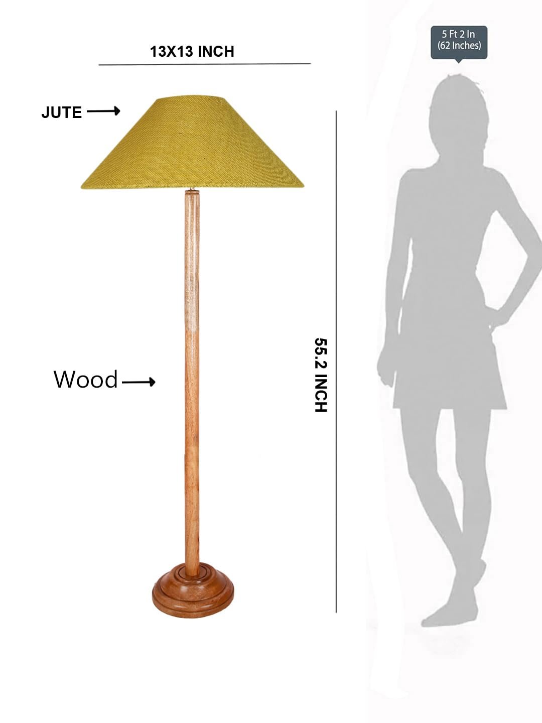 Yellow Jute Coolie Shade Wood Floor lamp for Decoration/Office/Home/Gifting/Study .(13x13x55.7 Inches)