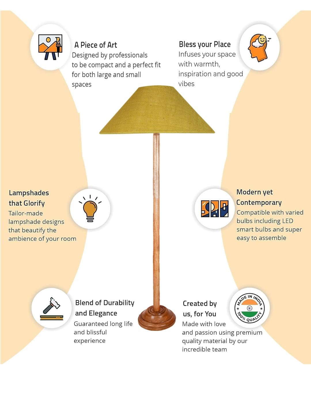 Yellow Jute Coolie Shade Wood Floor lamp for Decoration/Office/Home/Gifting/Study .(13x13x55.7 Inches)