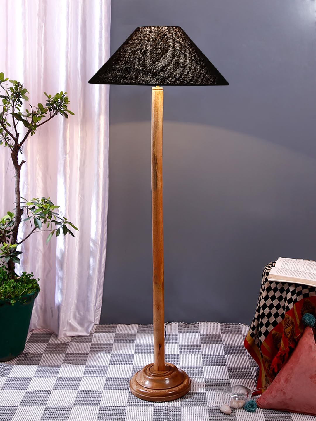 Black Jute Coolie Shade Wood Floor lamp for Decoration/Office/Home/Gifting/Study .(13x13x55.7 Inches)