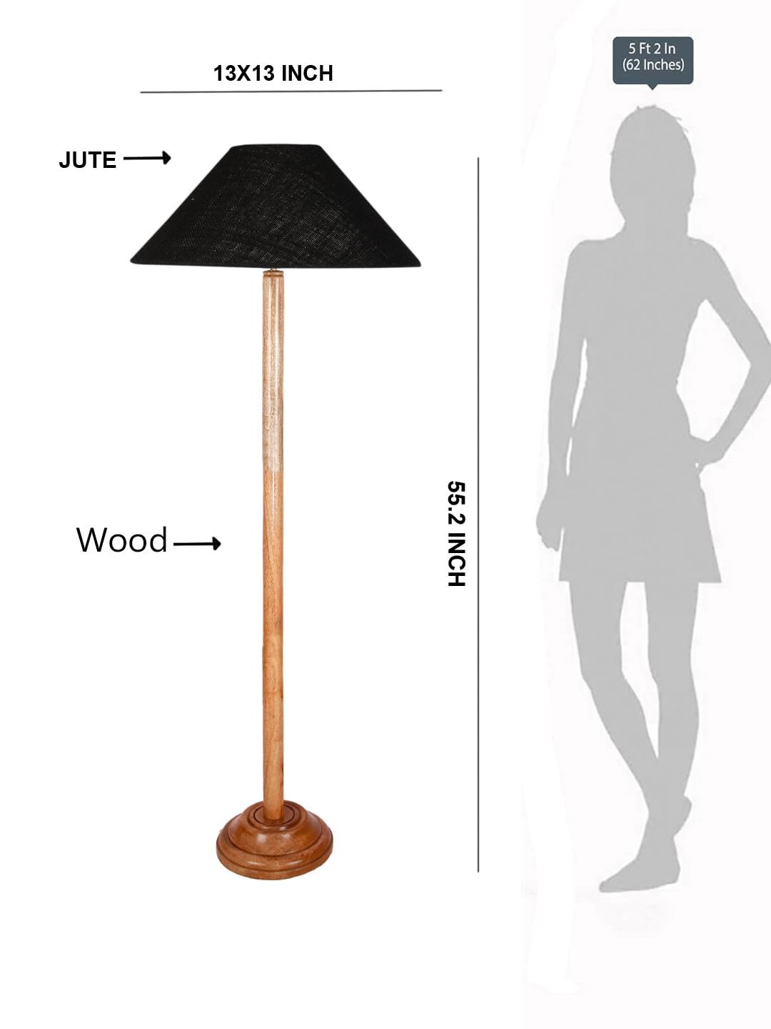Black Jute Coolie Shade Wood Floor lamp for Decoration/Office/Home/Gifting/Study .(13x13x55.7 Inches)