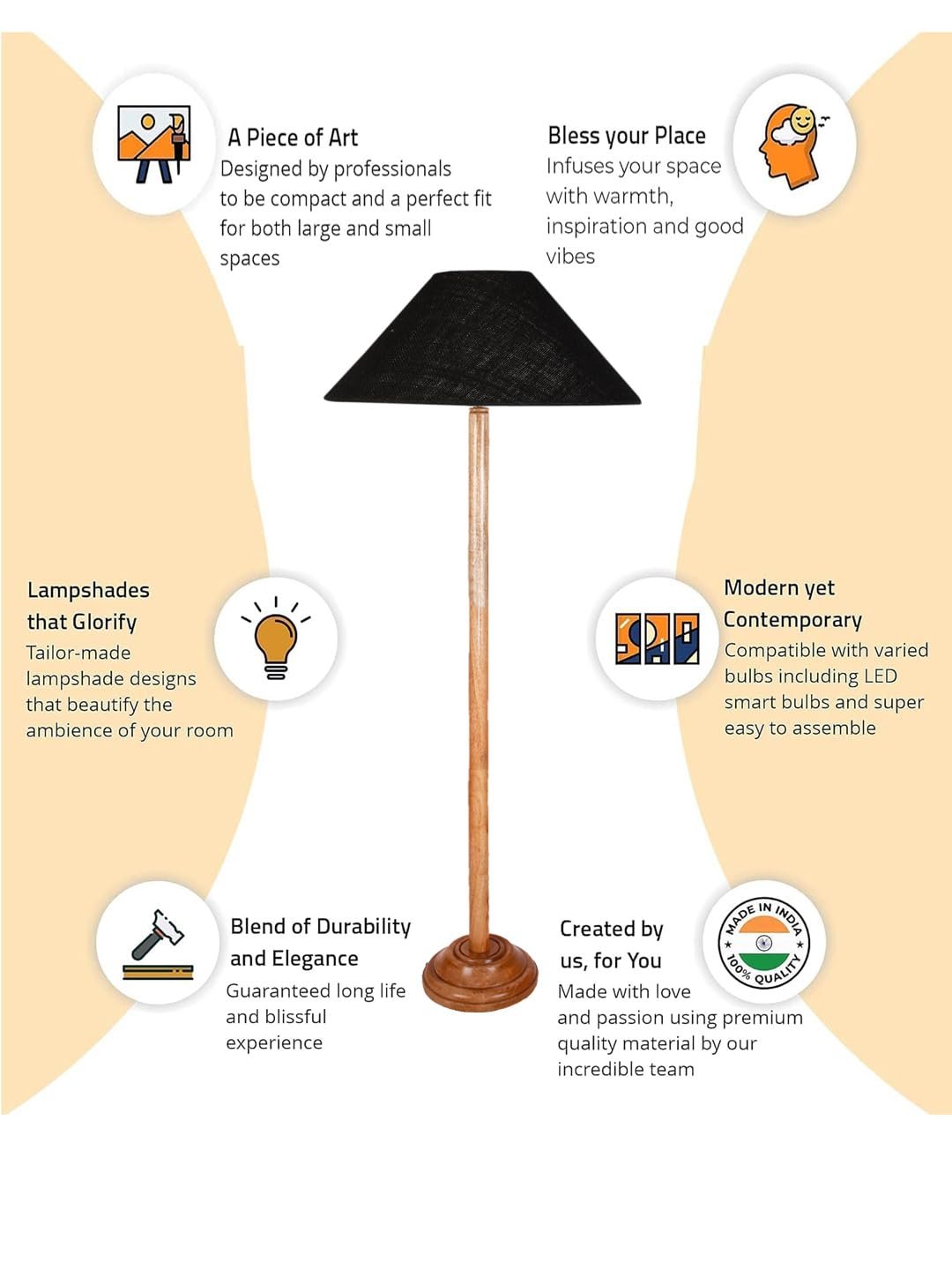 Black Jute Coolie Shade Wood Floor lamp for Decoration/Office/Home/Gifting/Study .(13x13x55.7 Inches)