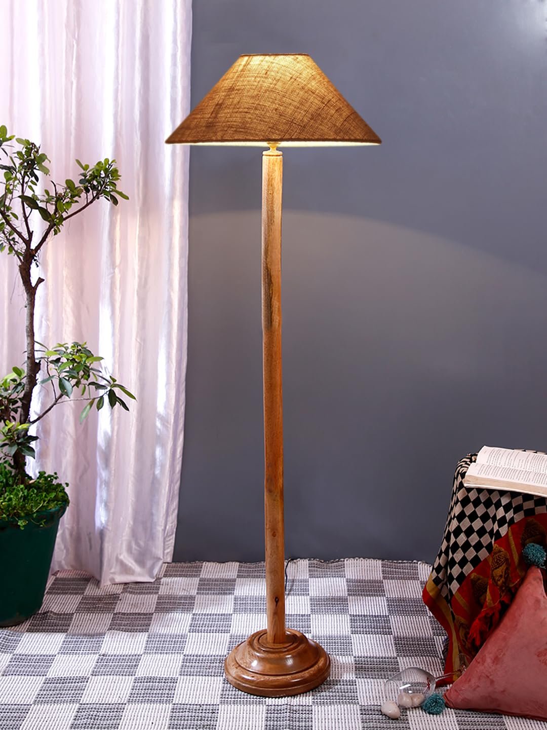 Beige Jute Coolie Shade Wood Floor lamp for Decoration/Office/Home/Gifting/Study .(13x13x55.7 Inches)