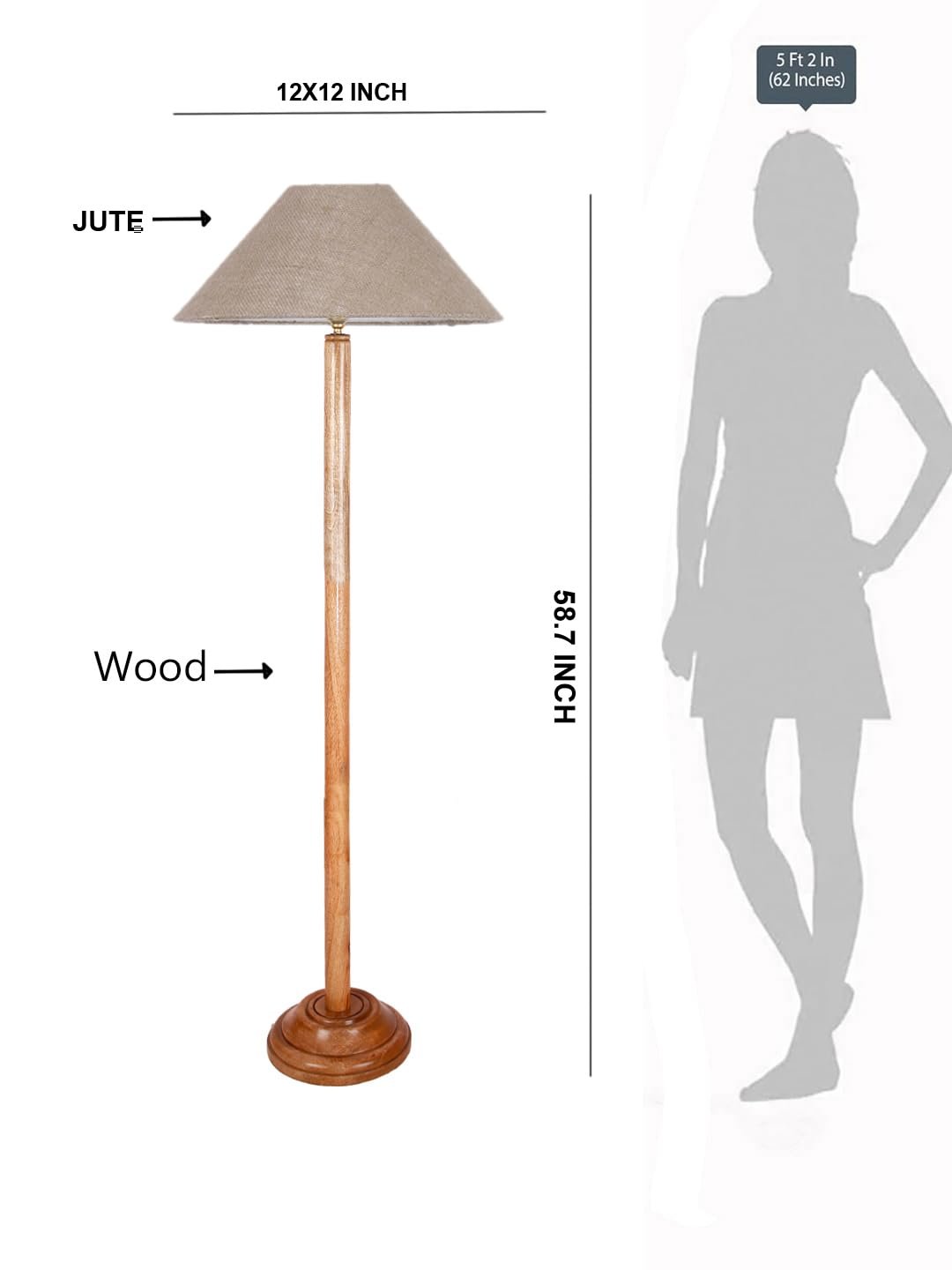 Beige Jute Coolie Shade Wood Floor lamp for Decoration/Office/Home/Gifting/Study .(13x13x55.7 Inches)