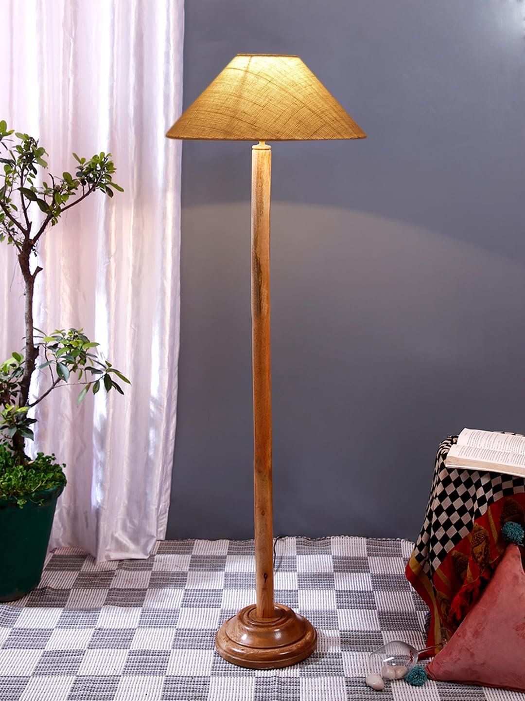 White Jute Coolie Shade Wood Floor lamp for Decoration/Office/Home/Gifting/Study .(13x13x55.7 Inches)