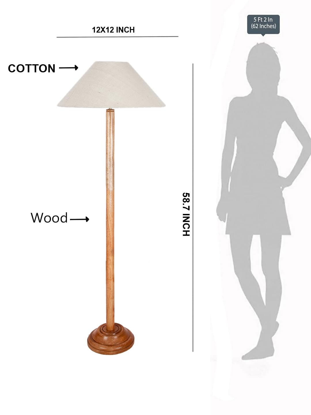 White Jute Coolie Shade Wood Floor lamp for Decoration/Office/Home/Gifting/Study .(13x13x55.7 Inches)